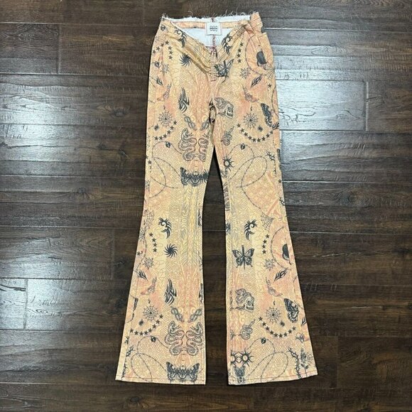 BDG Denim - BDG Women's Printed Ruched V-front Flare Jean Low Rise Zip Closure Beige 26